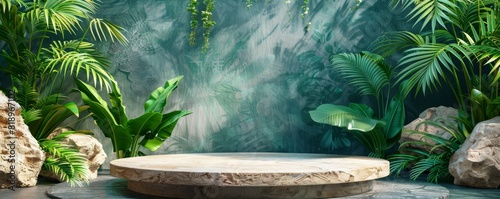 The photo shows a stone podium or pedestal in a lush green jungle setting.