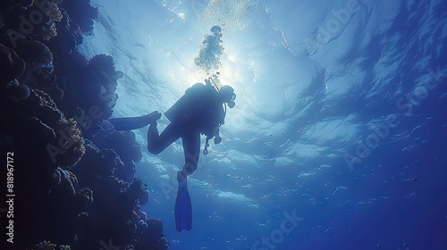  A person wearing a scuba suit swims near a coral reef with numerous fish