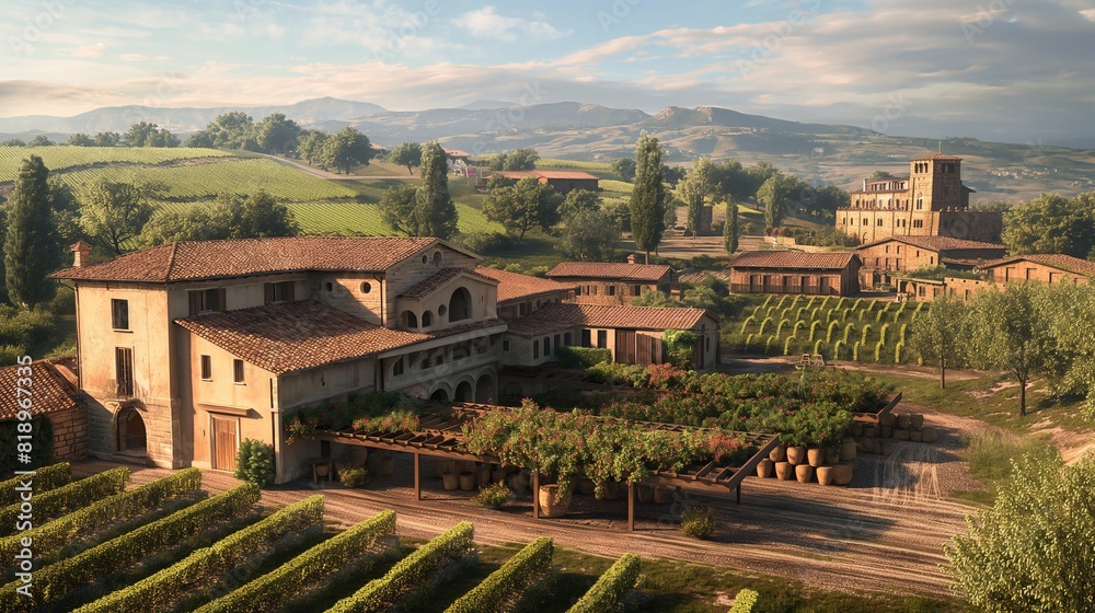 A luxurious vineyard estate nestled in rolling hills, with sun-kissed vineyards stretching as far as the eye can see, framed by elegant stone buildings and terracotta rooftops