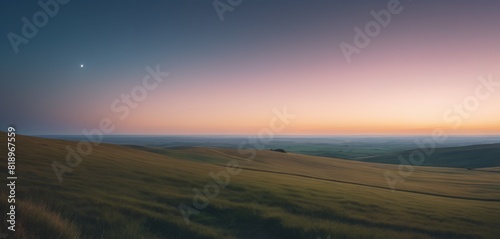 A vast landscape of rolling hills under a twilight sky with a solitary star shining above, exuding tranquility.