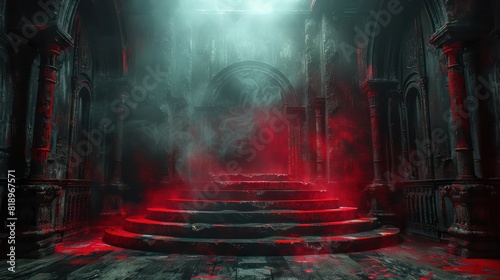 A dark  eerie room with red smoke and a staircase