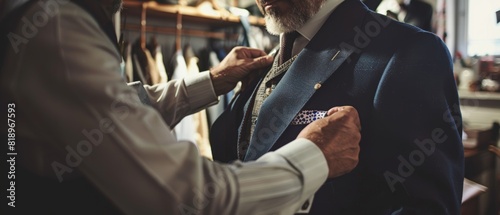 Tailor adjusting suit jacket on client in dimly lit workshop, highlighting craftsmanship, attention to detail, and traditional tailoring techniques. photo