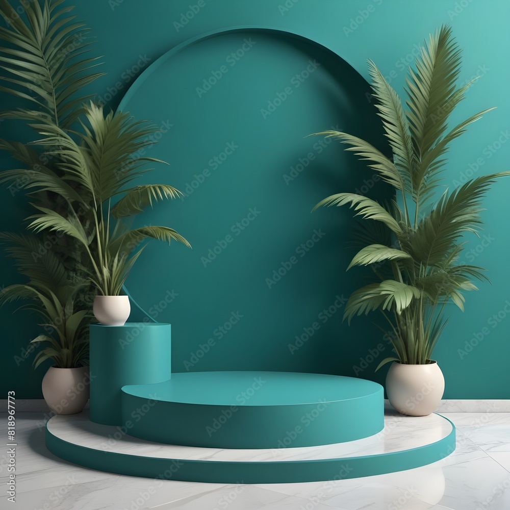 Photo of blue background podium with green tropical palm leaves product stand concept