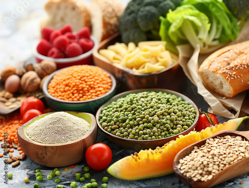 Group of food with high content of dietary fiber arranged side by side
