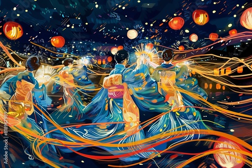 vibrant, swirling dance of bon odori figures, abstractly portrayed with flowing kimonos and traditional fans, background of starry night and illuminated lanterns japanese obon festival, abstract photo