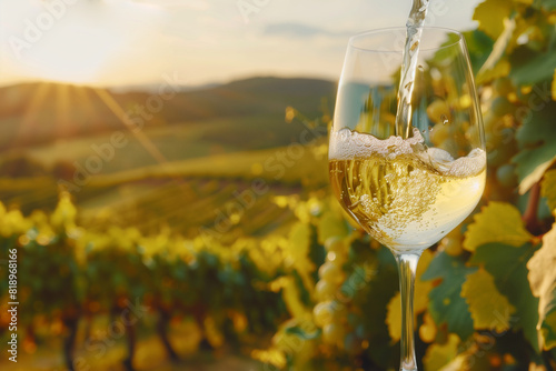 pouring white wine in wine glass on vineyard blurred landscape