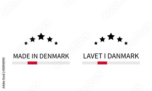 Made in Denmark labels in English and in Danish languages. Quality mark vector icon. Perfect for logo design, tags, badges, stickers, emblem, product package, etc.