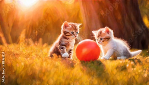 Two adorable kittens engage with a red ball on a lush green field, bathed in the warm glow of a setting sun.. AI Generation photo