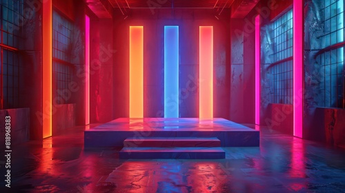 A neon lit room with three red  orange and blue pillars