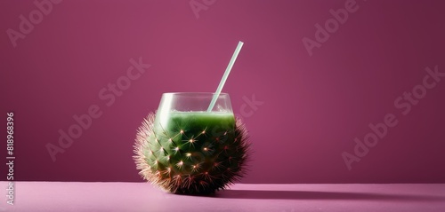 An imaginative concept of a green juice served in a cactus glass, complete with a straw, against a vibrant purple background.