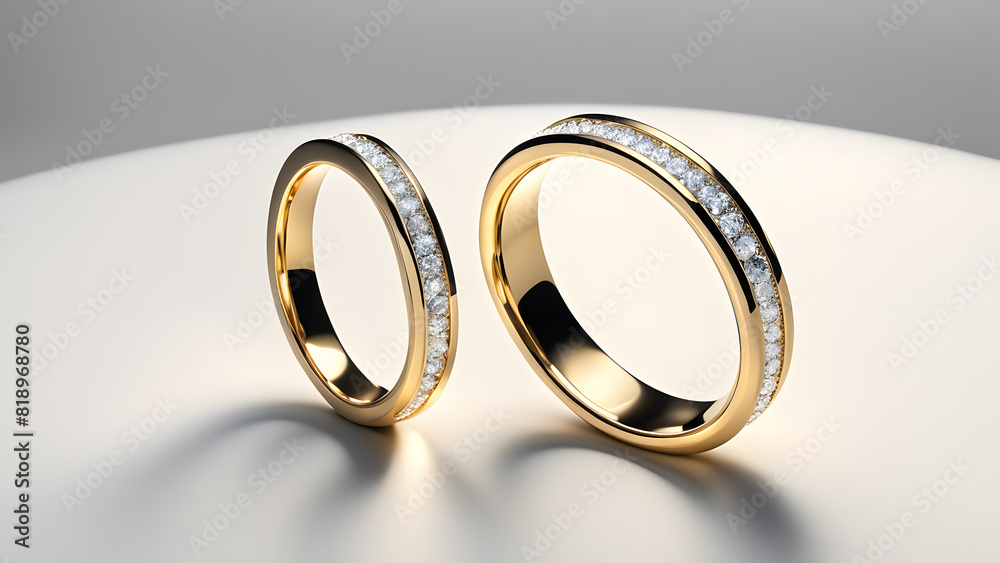 two gold wedding rings with diamonds on a white surface two gold wedding rings with diamonds on a white surface