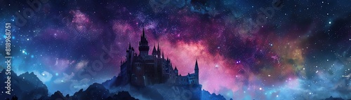 Enchanting castle on a hilltop under a starry night sky  in watercolor style