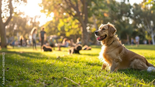 Pet Friendly: Capture a joyful scene in a pet-friendly park with dogs playing fetch, cats lounging, and pet owners socializing. The park is green and spacious with trees, benches, and a designated are photo