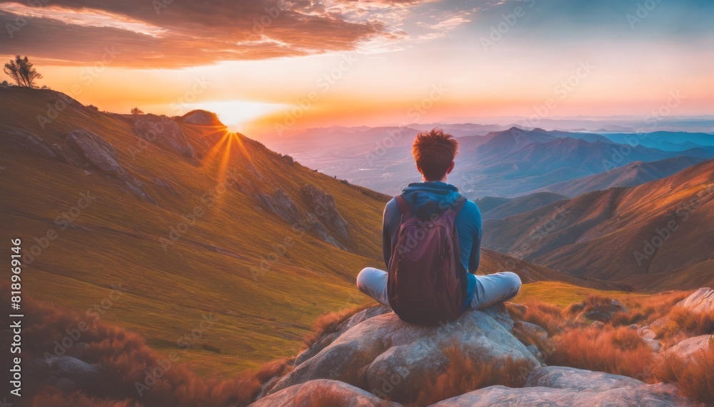 Fototapeta premium An individual in a tranquil pose atop a hill, enjoying the serene beauty of a sunset over undulating mountains.. AI Generation
