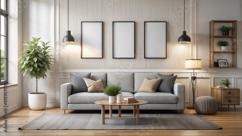 living room wall black border poster mockup with Soft Gray  Modern Farmhouse style interiors. Avoid lamps in front of frames. 