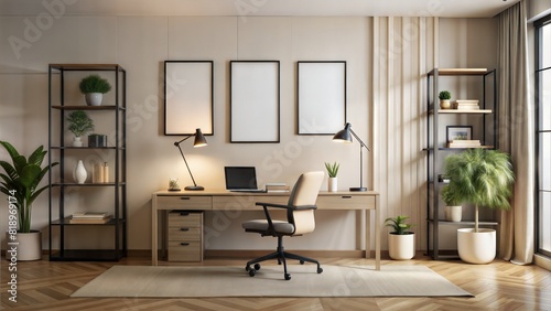 Home office wall black border poster mockup with soft Beige and white modern interiors. Avoid lamps in front of frames. 