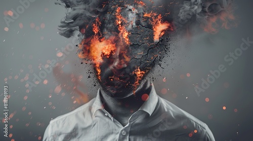 A man's face with his head on fire. photo