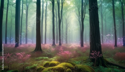 An ethereal forest scene bathed in a soft purple haze with glowing lights and rays of sunlight piercing through the mist.