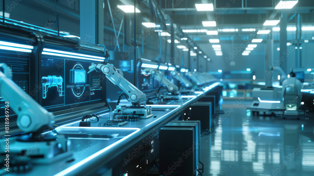 Obraz premium Robots performing repetitive tasks in a factory setting, engaged in monotonous industrial work.