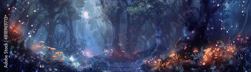 Enchanting forest with glowing lights and hidden creatures, captured in watercolor