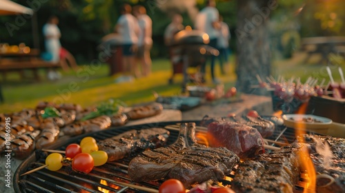 There are several steaks on a grill with flames. In the background, there are people at a picnic table.