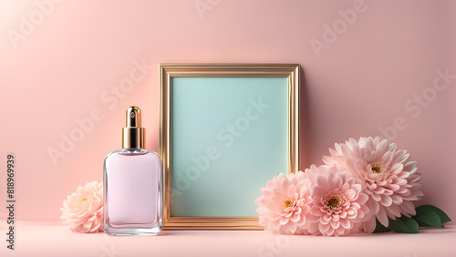 a bottle of perfume next to a picture frame