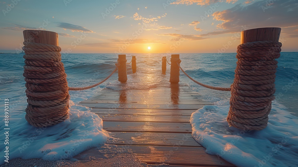 Fototapeta premium A wooden pier with a rope bridge over the water