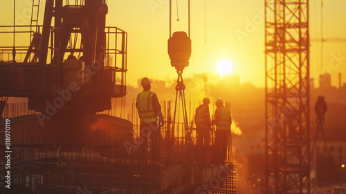 Silhouetted construction workers on a high-rise building against a sunset backdrop in an urban setting.