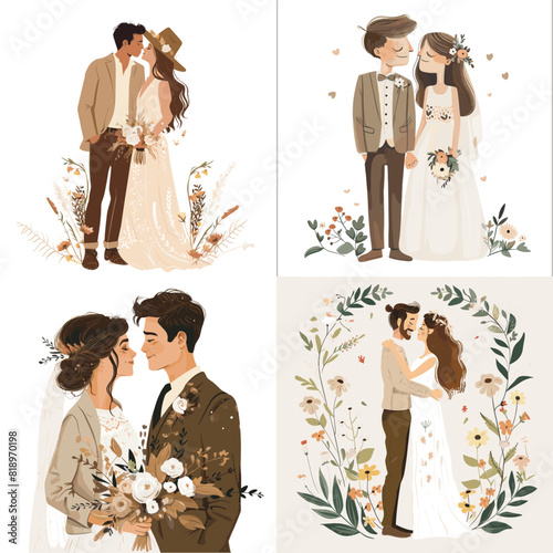 Elegant wedding couple illustrations in a romantic, hand-drawn style. Perfect for invitations, greeting cards, wedding decor, bridal themes, anniversary designs, and love celebrations.