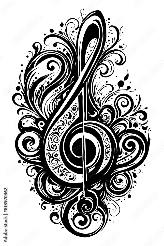 Musical Pattern. Black and white line art. T-shirt print, tattoo design. Generated by Ai Musical Pattern. Black and white line art. T-shirt print, tattoo design. Generated by Ai