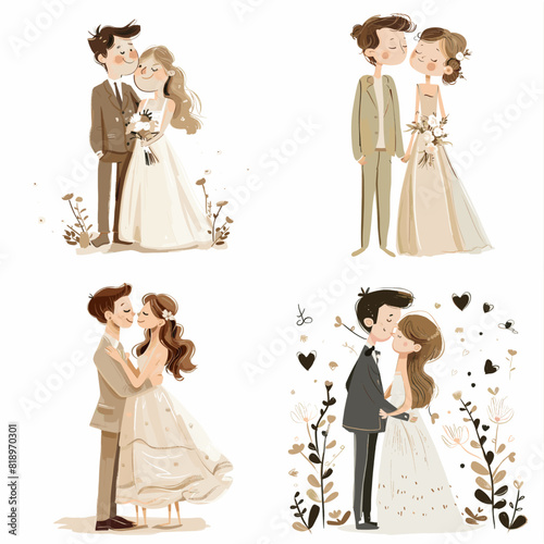 Set of Wedding Couples, couple in love characters cartoon for love valentine's day, holidays, celebrating marriage, Just married , newlyweds, bride, groom.