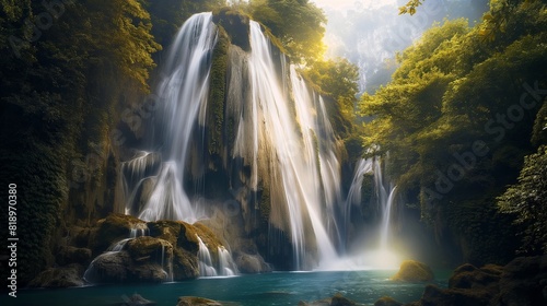 A majestic waterfall cascading down rugged cliffs into a turquoise pool below  framed by lush greenery and dappled sunlight filtering through the trees. 32k  full ultra hd  high resolution