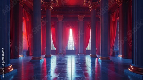 A large room with red curtains and pillars photo