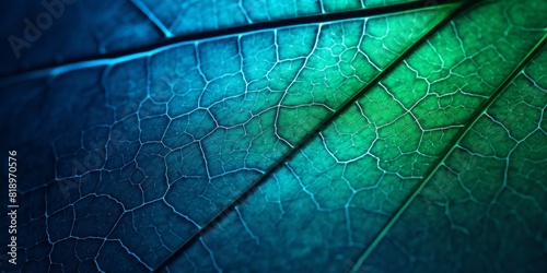 Leaf of a tree close-up. Blue toned background or wallpaper. Mosaic pattern from a net of veins and plant cells. Abstract backdrop on a floral theme. Macro. High quality photo