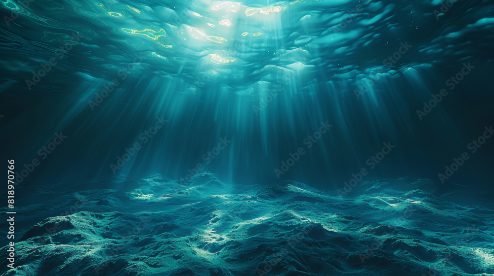 Underwater seascape with sun rays filtering through the water, highlighting the ocean's depth and tranquility.