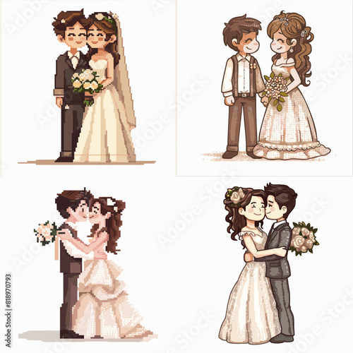 Adorable pixel art wedding illustration of a bride and groom in cute romantic poses. Retro, charming, and nostalgic style, perfect for love, marriage, and gaming-inspired themes.