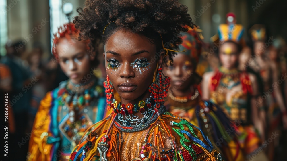 A group of women wearing colorful clothing and jewelry stand in a line A group of women wearing colorful clothing and jewelry stand in a line