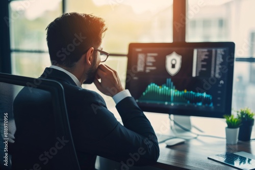 Business person analyzing a cybersecurity dashboard with a prominent lock icon - data security - IT solutions - risk management