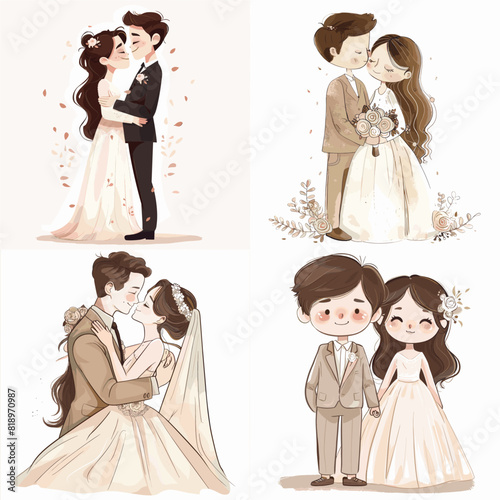 Bride and groom. Wedding couple in various poses hug, dance and kiss. Marriage ceremony scenes collection, man and woman in love vector flat cartoon isolated trendy characters set