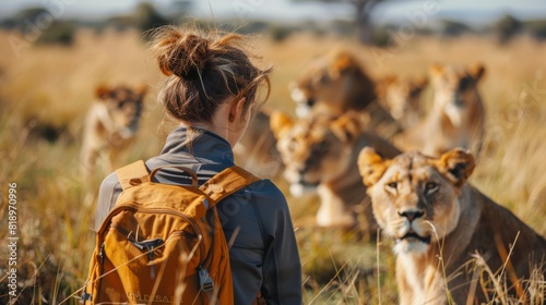 The image shows a woman standing in a field of tall grass, surrounded by a group of lions photo