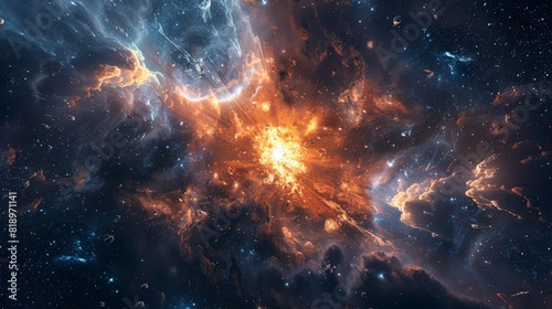 The dramatic scene of a supernova explosion lighting up the surrounding space.