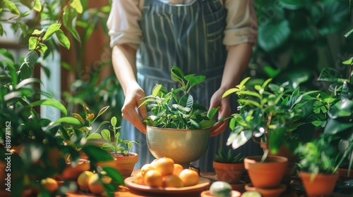 Woman in apron taking care of her indoor plants at home