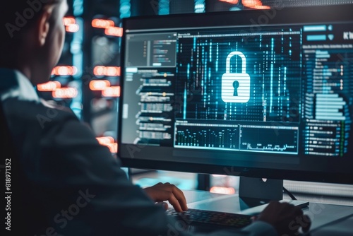 Business person analyzing a cybersecurity dashboard with a prominent lock icon - data security - IT solutions - risk management