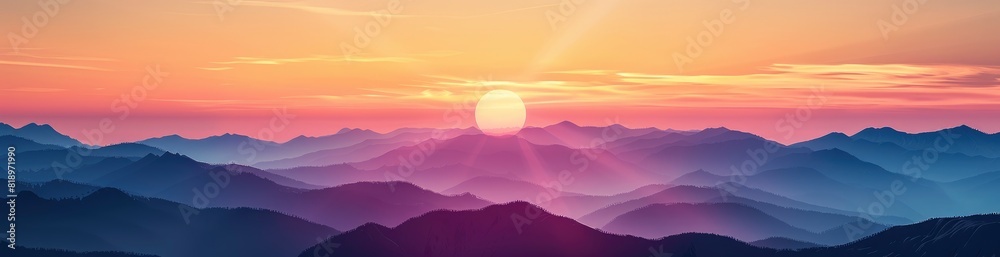 Bold Summer Sunset Over The Mountains. With Copy Space, Abstract Background