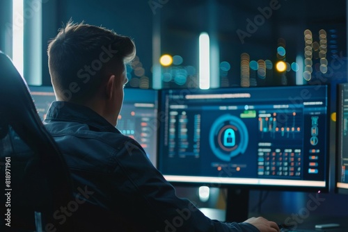 Business person analyzing a cybersecurity dashboard with a prominent lock icon - data security - IT solutions - risk management