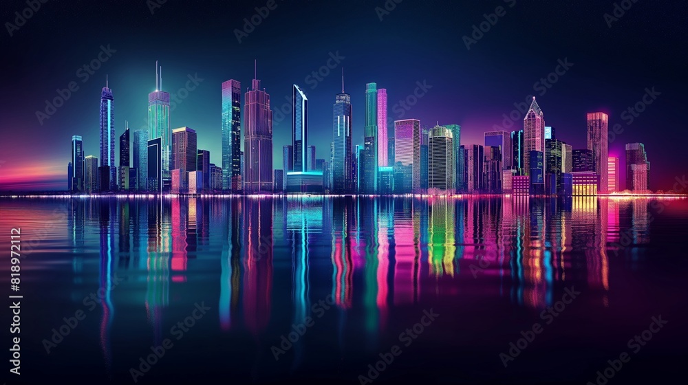 A modern city skyline reflected in the calm waters of a river, with skyscrapers illuminated in an array of vivid neon colors against a backdrop of inky blackness punctuated by distant stars.