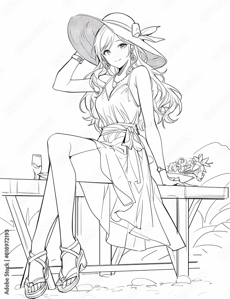 Obraz premium summer beautiful beach girl wearing hat. For adult, children coloring book