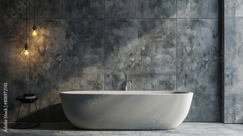 An aesthetic bathtub sits against sleek grey walls  framed by panoramic windows offering breathtaking views.