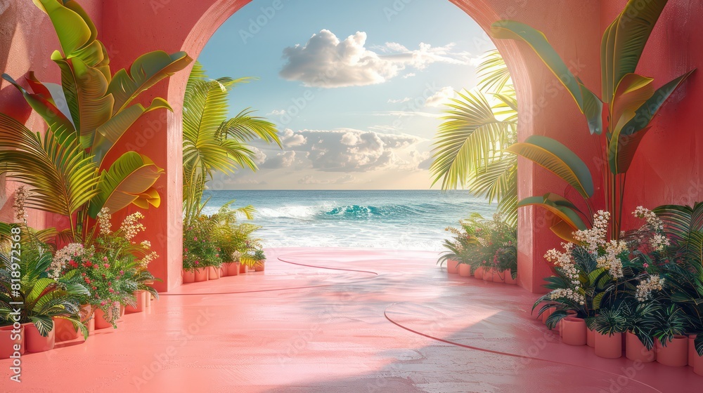 A pink archway leads to a beach with palm trees and a blue ocean