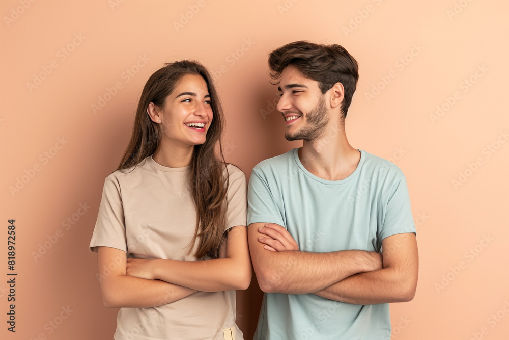 young smiling happy fun cool couple two friends men and women look at each other young smiling happy fun cool couple two friends men and women look at each other